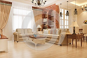 3d rendering modern dining room and living room with retro armchair and european style