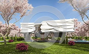 3d rendering of modern house with bionic natural curves plastic forms in spring day