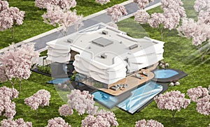 3d rendering of modern house with bionic natural curves plastic forms in spring day