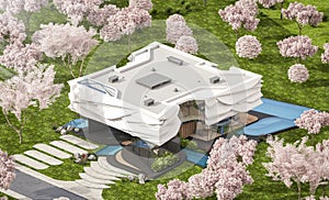 3d rendering of modern house with bionic natural curves plastic forms in spring day