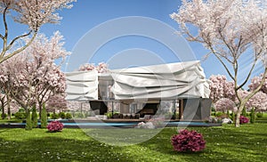 3d rendering of modern house with bionic natural curves plastic forms in spring day