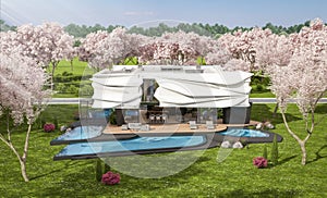 3d rendering of modern house with bionic natural curves plastic forms in spring day