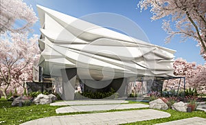 3d rendering of modern house with bionic natural curves plastic forms in spring day