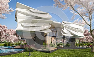 3d rendering of modern house with bionic natural curves plastic forms in spring day