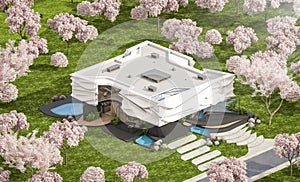 3d rendering of modern house with bionic natural curves plastic forms in spring day