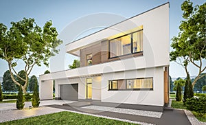 3d rendering of modern house at evening