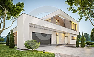 3d rendering of modern house at evening