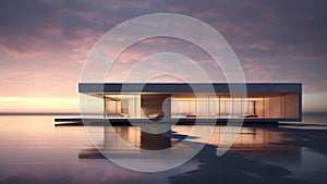 3D rendering of a modern house floats on a lake at sunset.