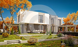 3d rendering of modern house in the garden Ñlear sunny autumn day