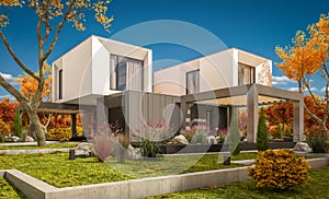 3d rendering of modern house in the garden Ñlear sunny autumn day