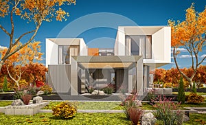 3d rendering of modern house in the garden Ñlear sunny autumn day