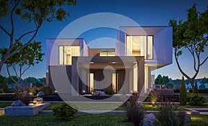 3d rendering of modern house in the garden at night