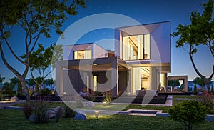 3d rendering of modern house in the garden at night