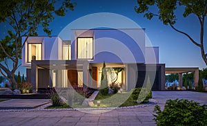 3d rendering of modern house in the garden at night