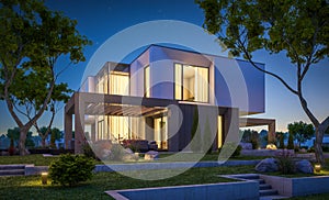 3d rendering of modern house in the garden at night