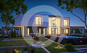 3d rendering of modern house in the garden at night