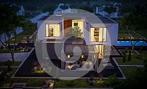 3d rendering of modern house in the garden at night