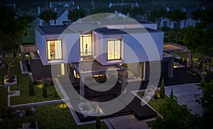 3d rendering of modern house in the garden at night