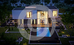 3d rendering of modern house in the garden at night