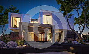 3d rendering of modern house in the garden at night