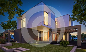 3d rendering of modern house in the garden at night