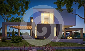 3d rendering of modern house in the garden at night