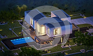 3d rendering of modern house in the garden at night