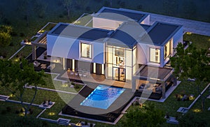 3d rendering of modern house in the garden at night