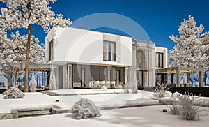 3d rendering of modern house with garden in winter day