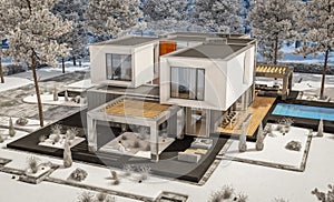 3d rendering of modern house with garden in winter day