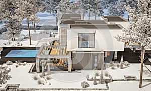 3d rendering of modern house with garden in winter day