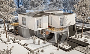 3d rendering of modern house with garden in winter day