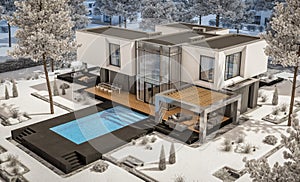 3d rendering of modern house with garden in winter day