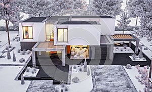 3d rendering of modern house with garden in winter evening