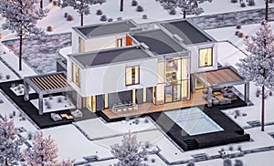 3d rendering of modern house with garden in winter evening
