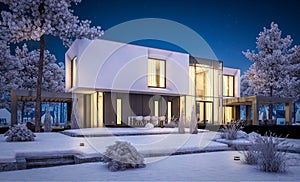 3d rendering of modern house with garden in winter night