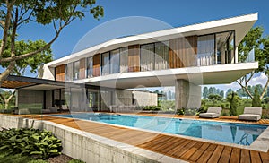 3d rendering of modern house on the hill with pool