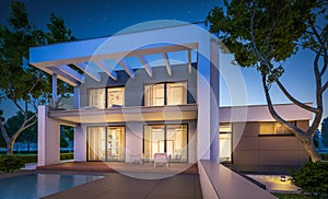 3d rendering of modern house at night