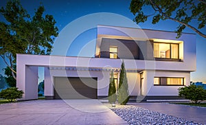 3d rendering of modern house at night