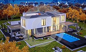 3d rendering of modern house by the river