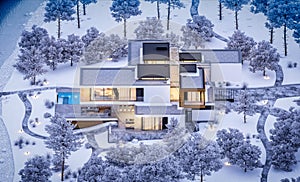 3d rendering of modern house by the river in winter night