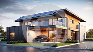 3d rendering of a modern house with solar panels on the roof. Generative AI
