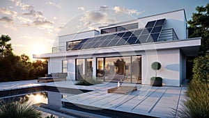 3d rendering of a modern house with solar panels on the roof, pool, generative ai
