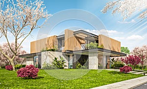 3d rendering of modern house with wood plank facade in spring