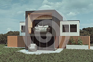 3d rendering of modern house with wooden slats and patio