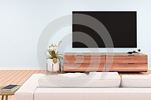 3D rendering of modern living room with TV screen and sofa