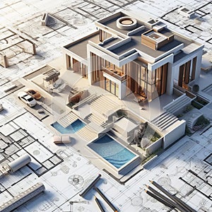 3D rendering of a modern luxury house with a pool and garden, set on top of architectural blueprints.