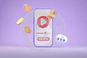 3d Rendering Modern Minimal Player Vdo Multimedia Subscribe Passive Concept On Mobile Phone App Purple Pastel Illustration