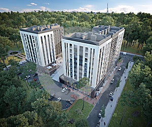 3d rendering of a modern multistory city building with landscape and parking lots