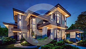 3d rendering of modern two story house with gray and wood accents in night